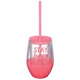 Pink Stay Fancy Plastic Stemless Wine Glass with Straw, 10oz