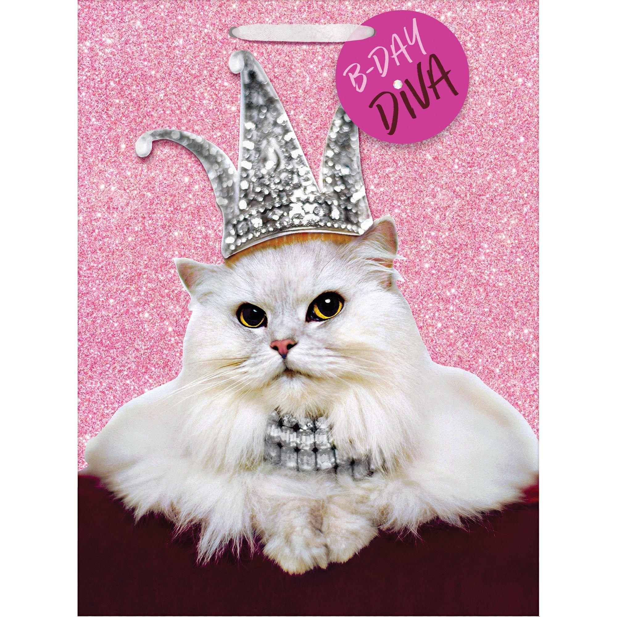 Large Glitter Birthday Diva Cat Gift Bag 14 3/4in x 20in Party City