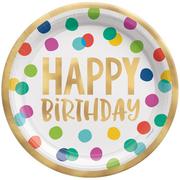 Multicolor & Metallic Gold Happy Dots Birthday Dinner Plates, 10.5in, 8ct