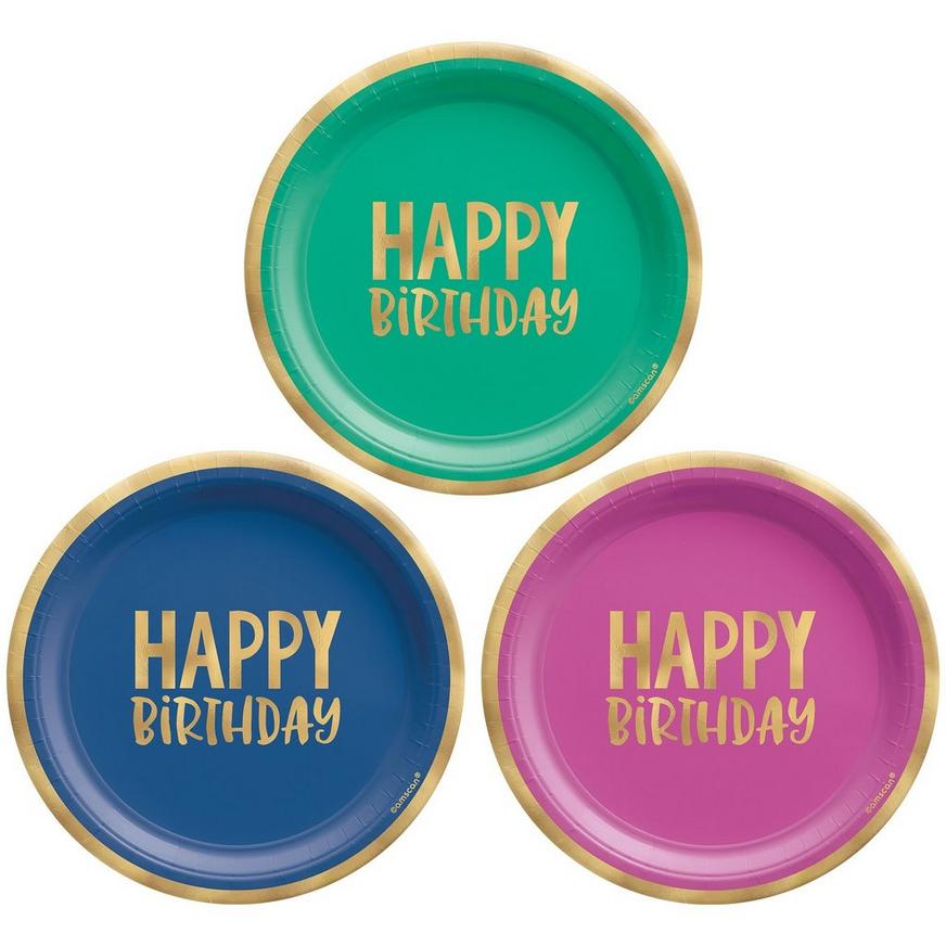 Multicolor & Metallic Gold Happy Dots Birthday Dessert Plates, 7in, 8ct