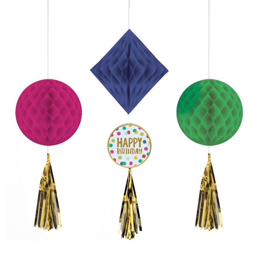 Multicolor & Metallic Gold Happy Dots Birthday Honeycomb Decorations with Tails, 3ct