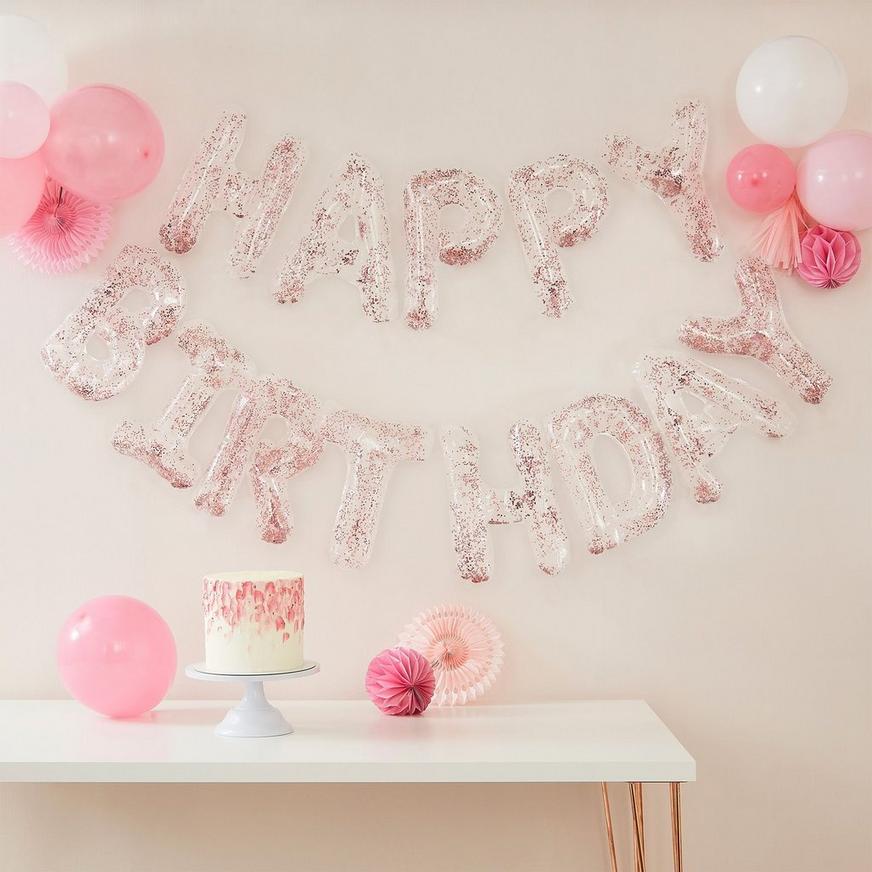 Air-Filled Ginger Ray Clear Happy Birthday Pink Foil Confetti Balloon Phrase, 15in