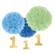 Blue & Green 1st Birthday Tissue Pom-Poms with Glitter Cutouts 3ct