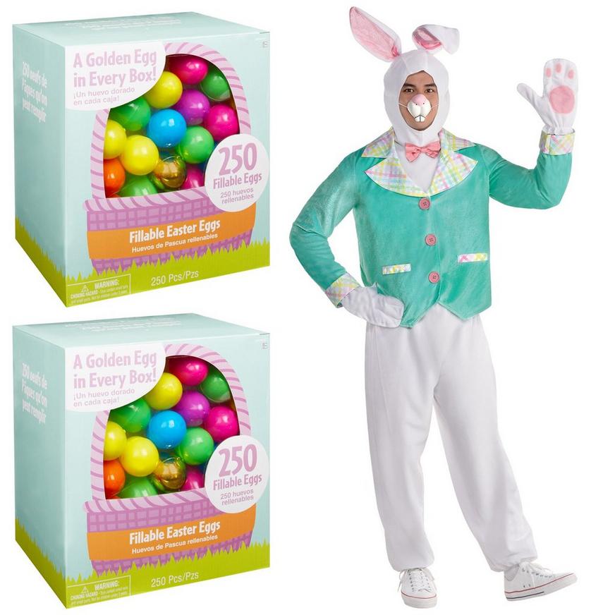 Adult Purple Jacket Easter Bunny Costume & Fillable Multicolor Eggs 500ct