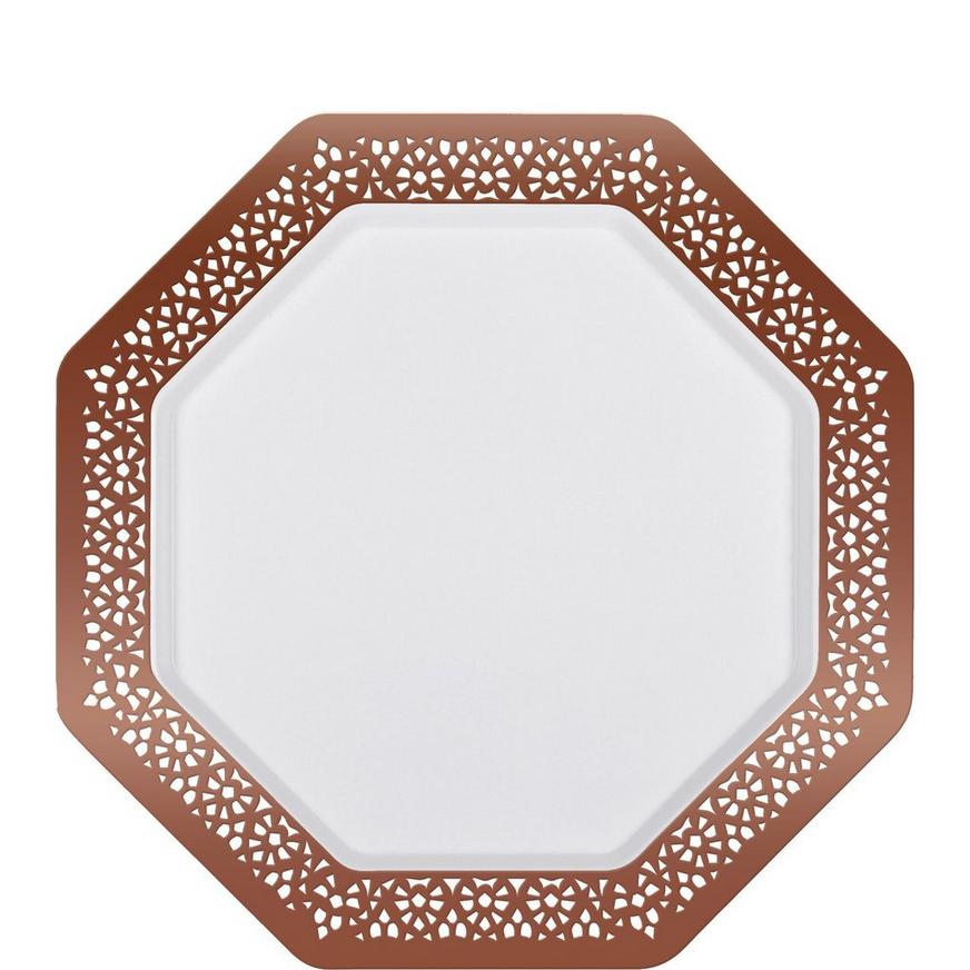 Rose Gold Lace Border Octagonal Premium Plastic Dessert Plates, 7.5in, 10ct