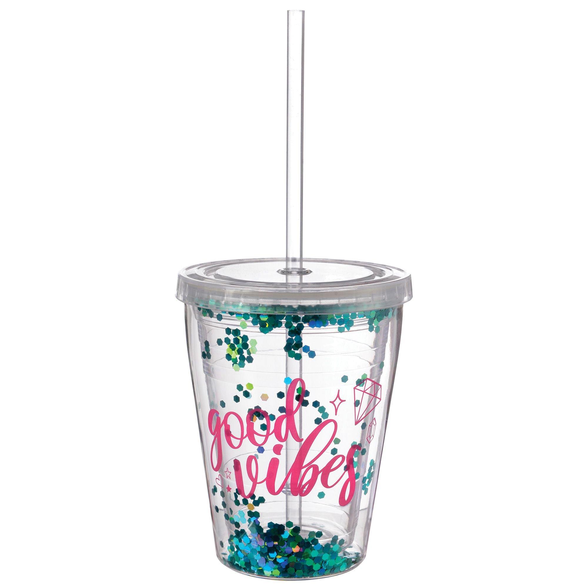 Sparkle Glitter Confetti Double Wall Tumbler with Straw, 12oz Party City