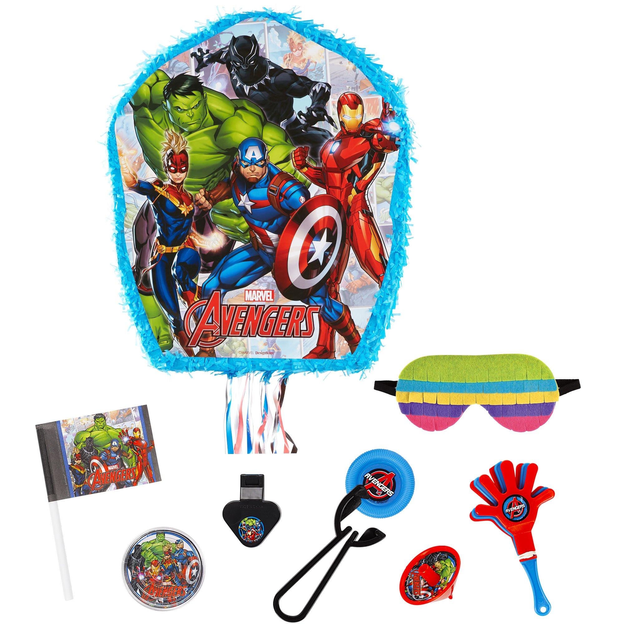 The Pull String Marvel Powers Unite Pinata Kit with Favors makes a perfect  party decoration and activity for guests. This convenient kit includes a  pull-string pinata, a colorful blindfold, a matching pinata