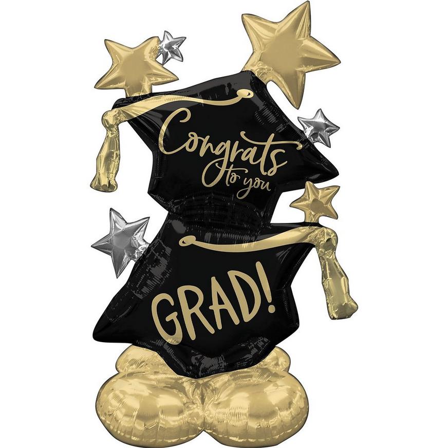 AirLoonz Black, Silver & Gold Congrats Grad Cap & Star Balloon, 51in