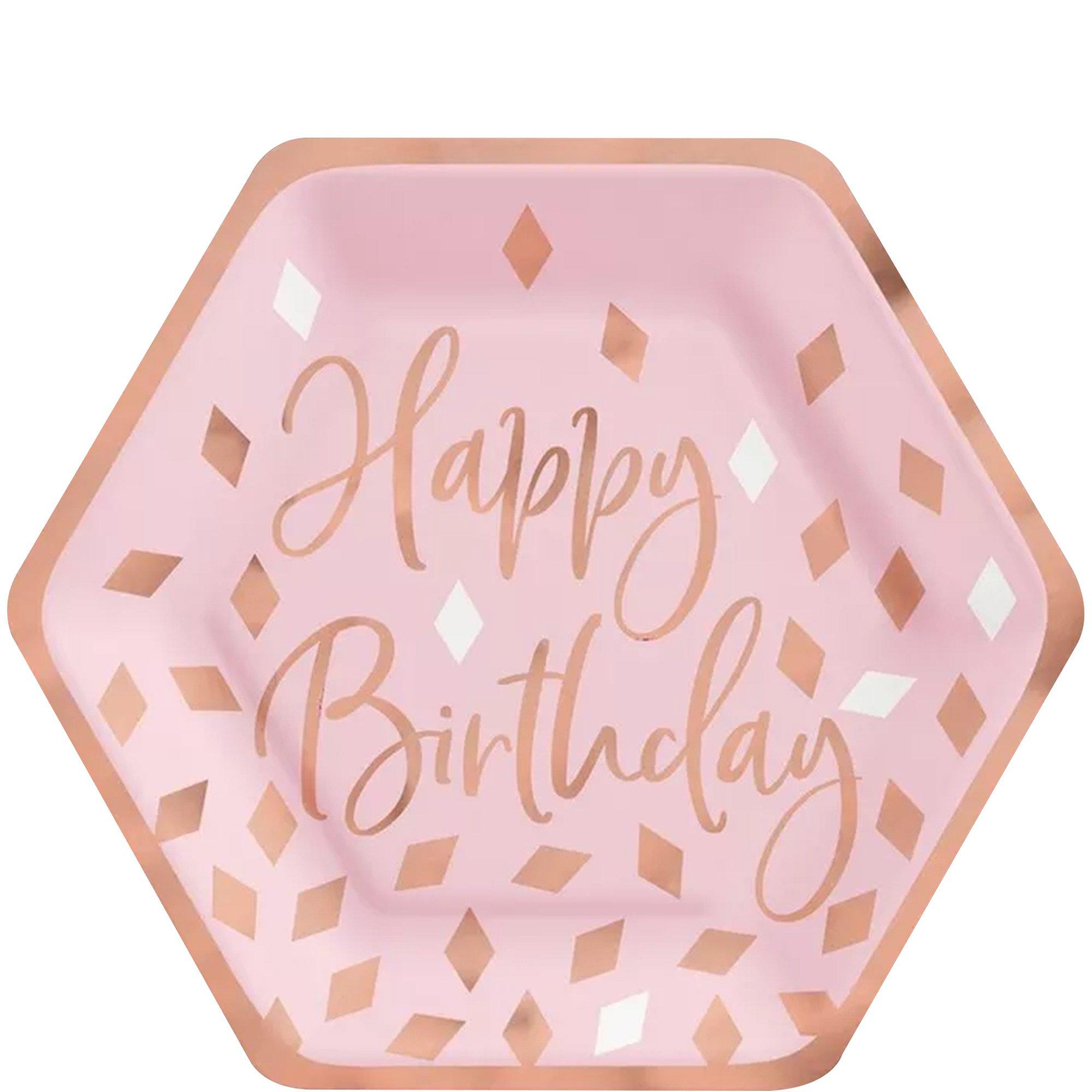 Metallic Blush Birthday Hexagon Dessert Plates, 7in, 8ct