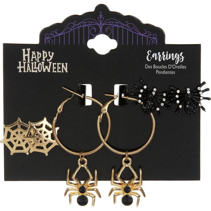 Black & Gold Spooky Spiders Halloween Earring Set, 3ct