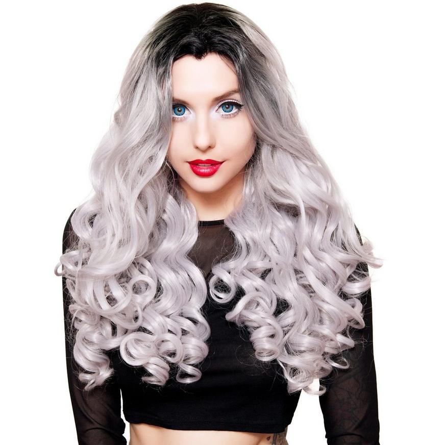 Lace Front Dark Roots Curly Silver Wig | Party City