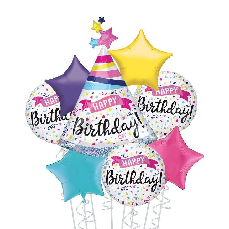 Prismatic Confetti Happy Birthday Deluxe Balloon Bouquet, 8pc