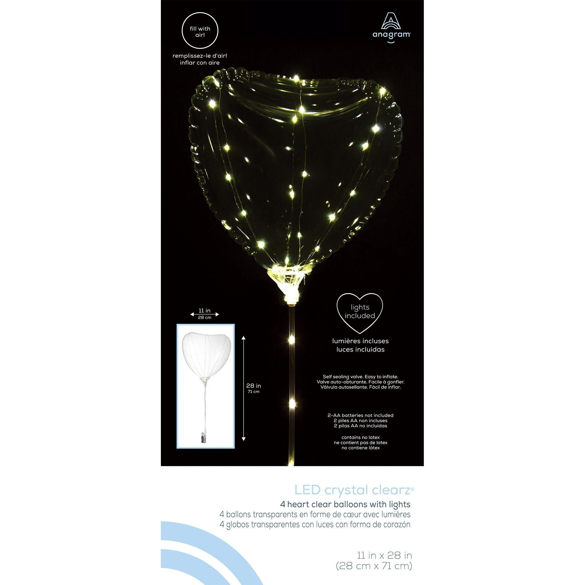LED LightUp Clear Heart Balloons, 11in, 4ct Crystal Clearz Party City