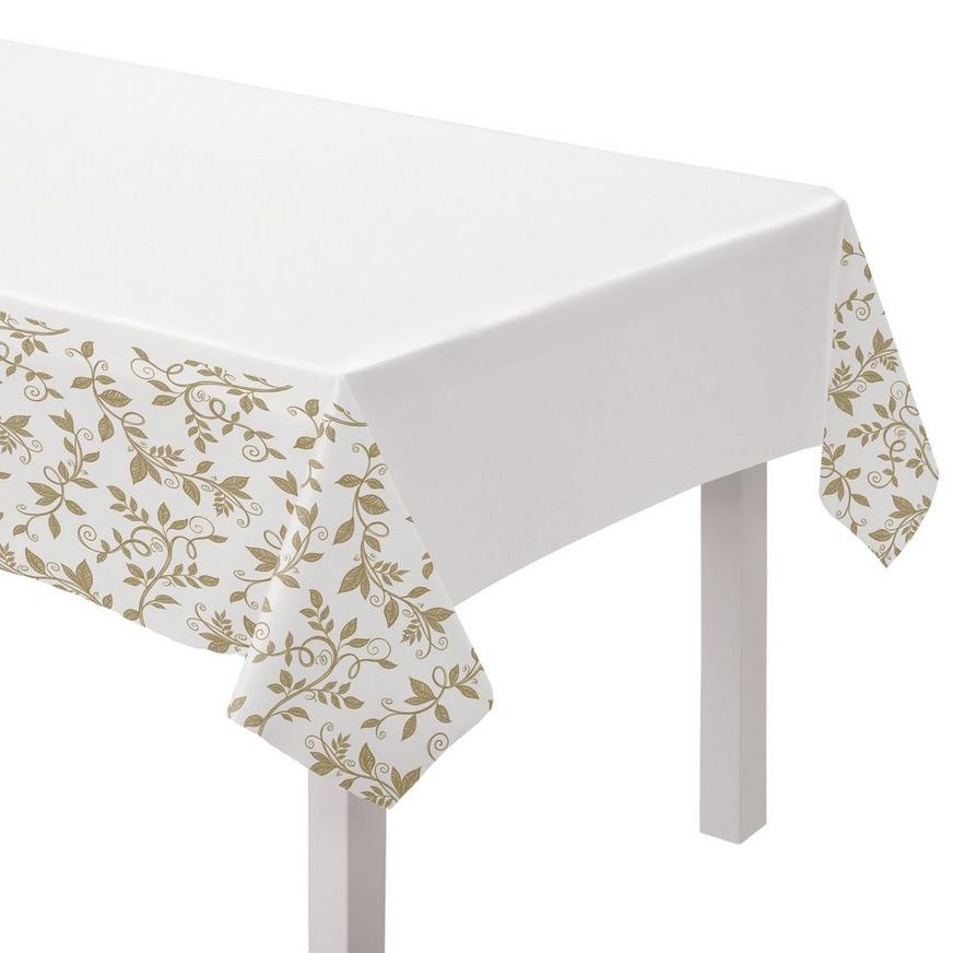 Gold & White 50th Anniversary Plastic Table Cover, 54in x 102in