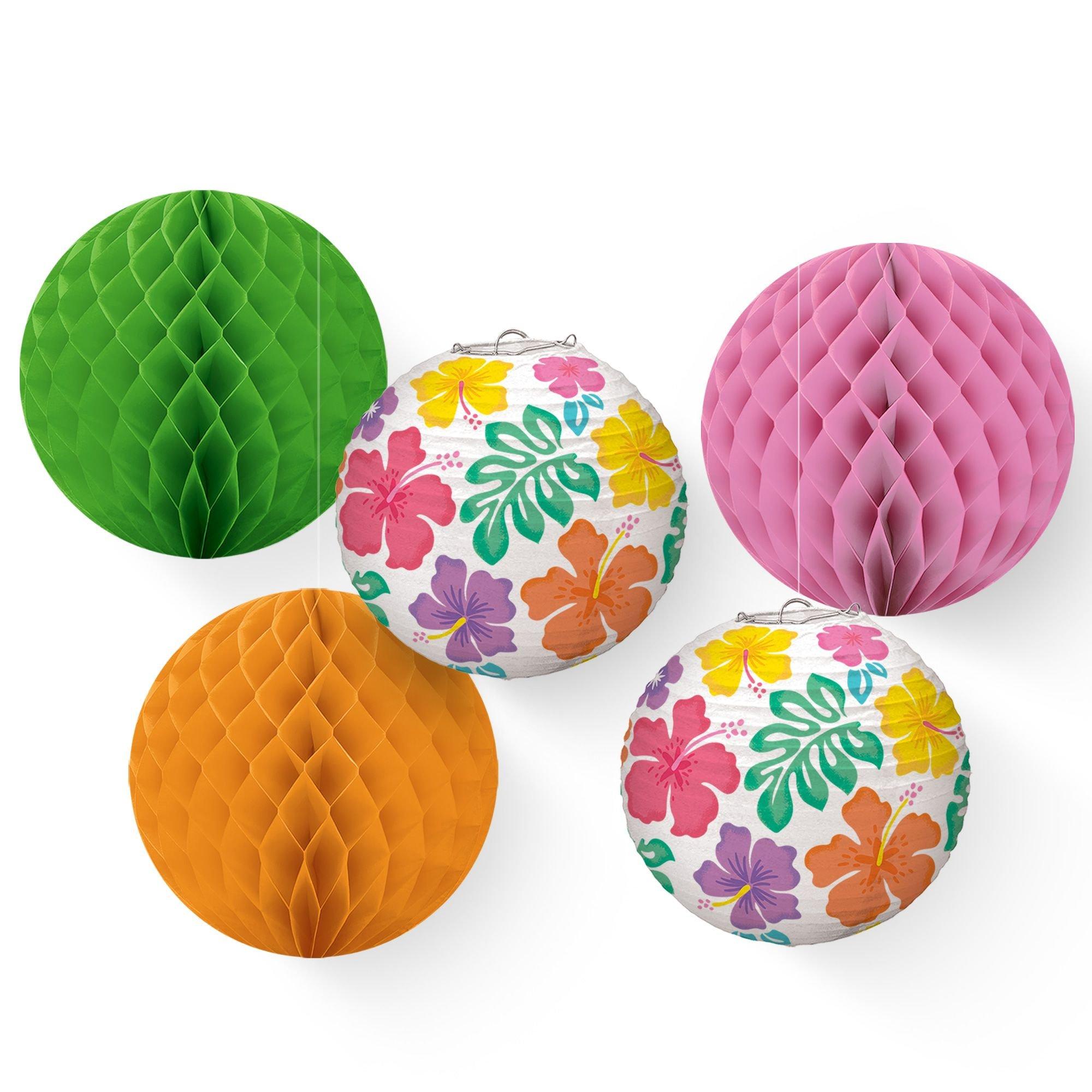 Summer Hibiscus Honeycomb Balls (12in) & Paper Lanterns (9.5in), 5ct