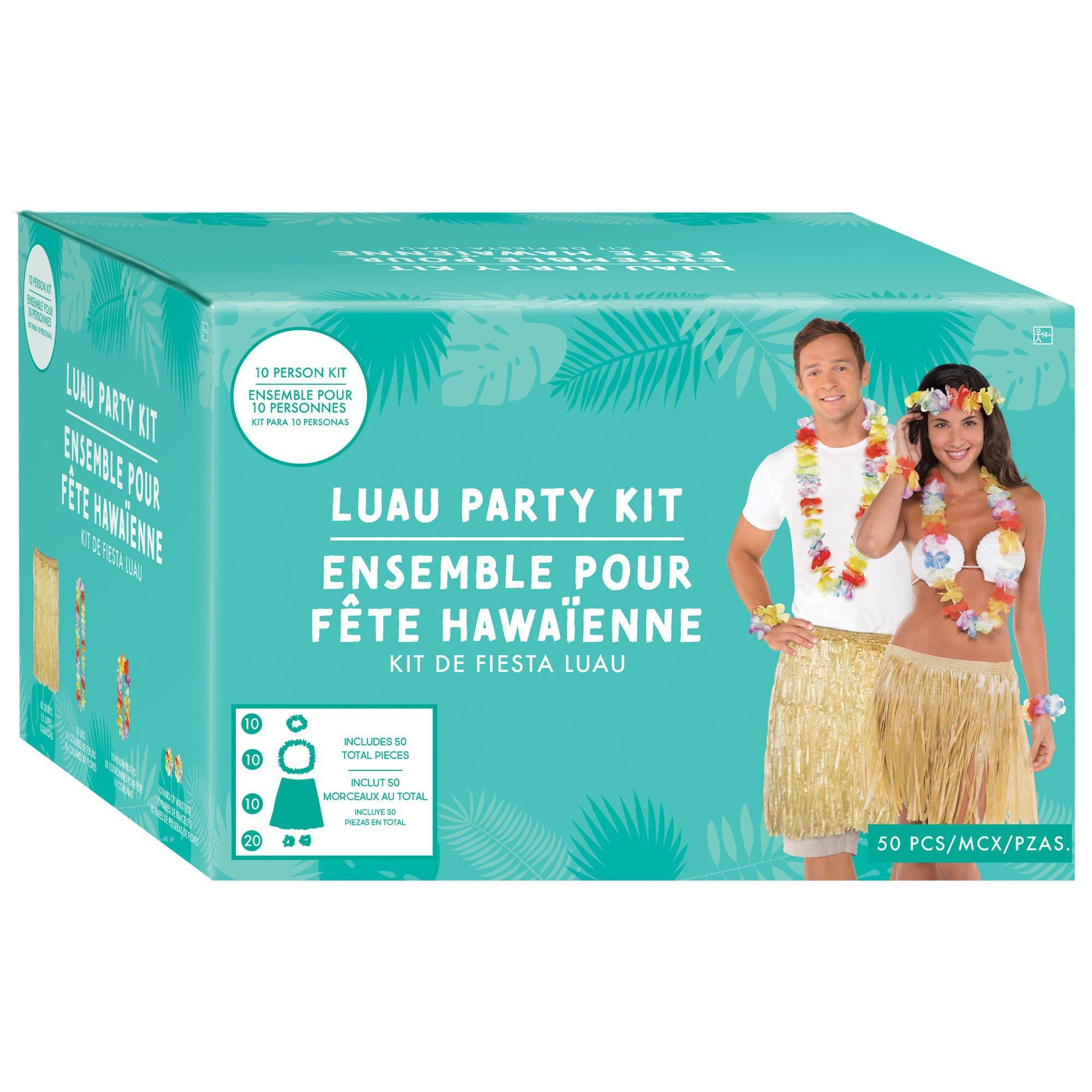 Luau Wearables Kit for 10 Guests, 50pc, Includes Skirts, Leis, Head Wreaths, & Wristlets