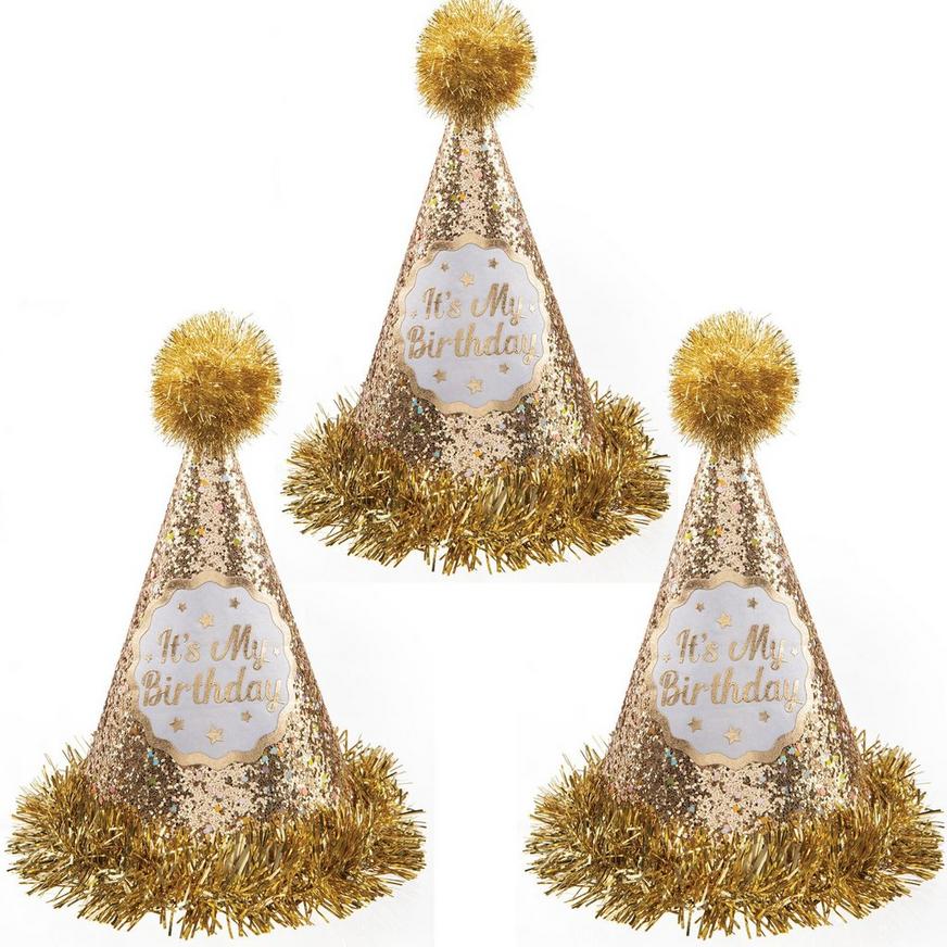 Glitter Gold It's My Birthday Cardstock & Tinsel Party Hat, 5.5in x 9.25in
