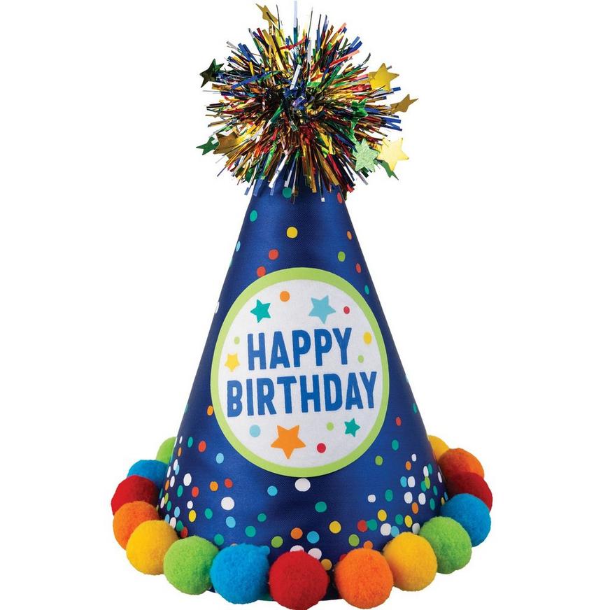 Blue Confetti & Pom-Pom Birthday Cardstock & Fabric Party Hat, 6.25in x 8.25in