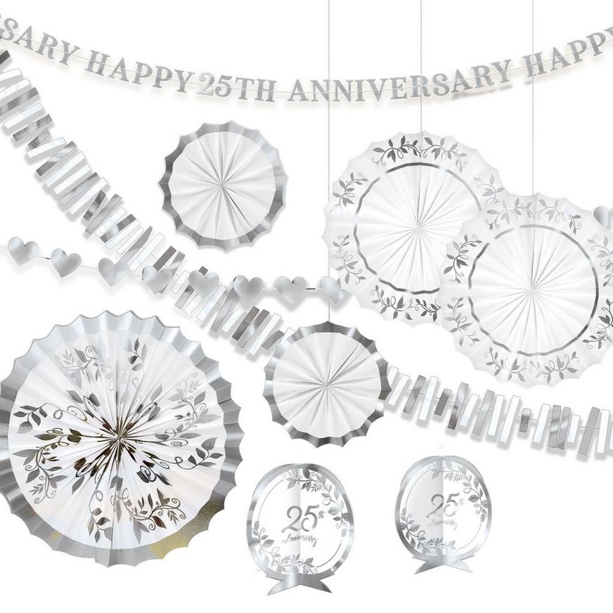 Metallic Silver & White 25th Anniversary Room Decorating Kit, 10pc
