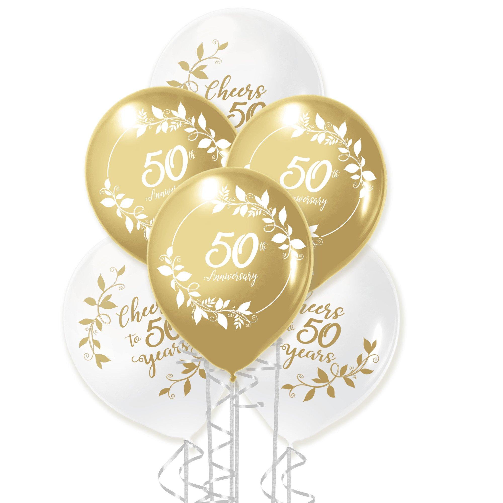 Gold & White 50th Anniversary Latex Balloons, 12in, 15ct
