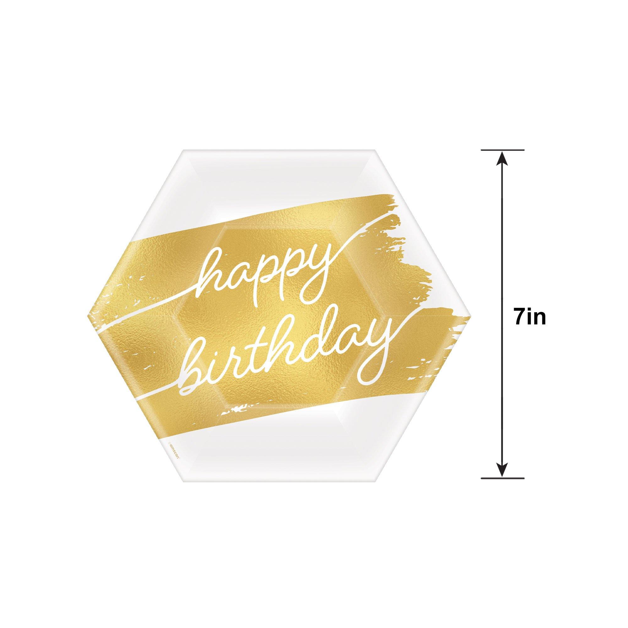 Metallic Golden Age Happy Birthday Hexagonal Paper Dessert Plate, 7in, 8ct