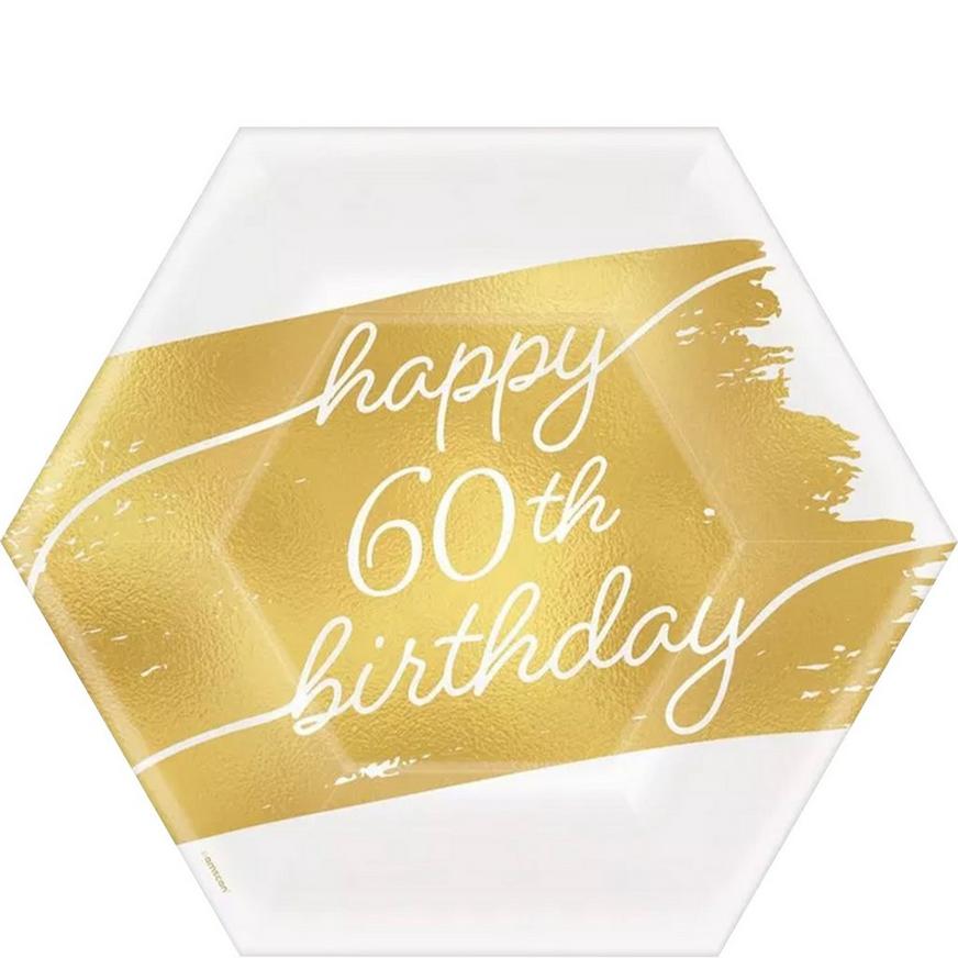 Metallic Golden Age Happy 60th Birthday Hexagonal Paper Dessert Plate, 7in, 8ct