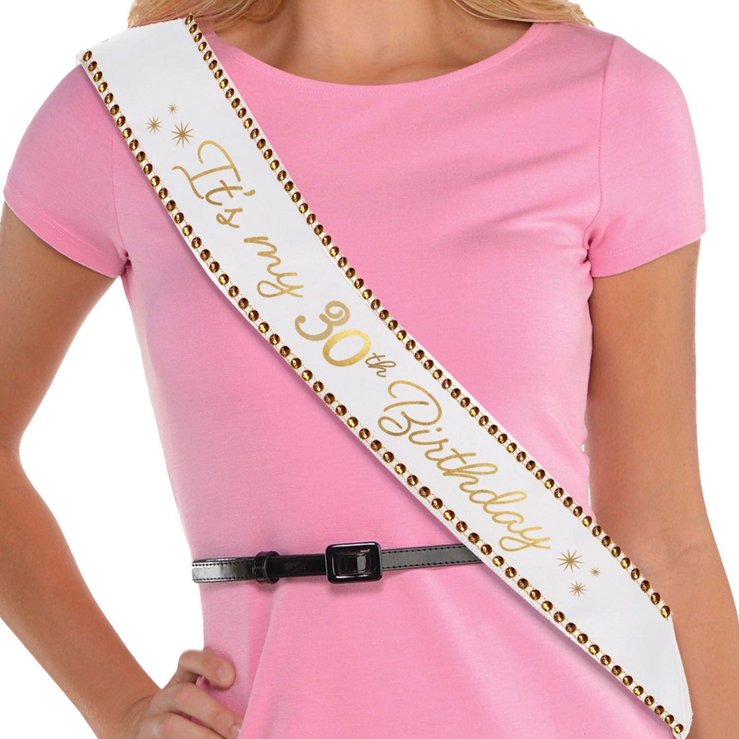 Rhinestone Golden Age 30th Birthday Satin Sash, 30in