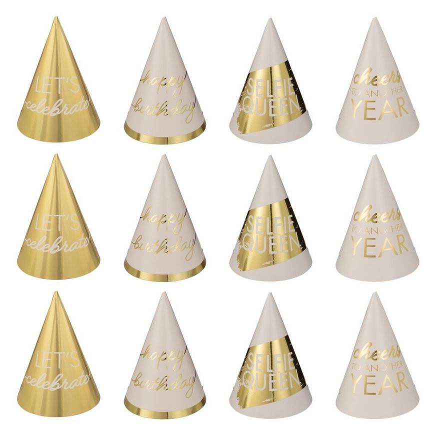 Mini Metallic Golden Age Birthday Paper Party Hats, 4in, 12ct
