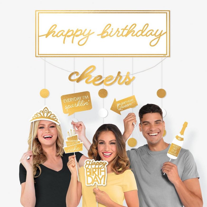 Metallic Golden Age Birthday Photo Booth Kit, 38.9in x 77in, Includes Backdrop & 13 Photo Props