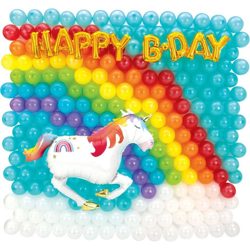 Air-Filled Rainbow & Unicorn Happy B-Day Foil & Latex Balloon Backdrop Kit, 6.25ft x 5.9ft