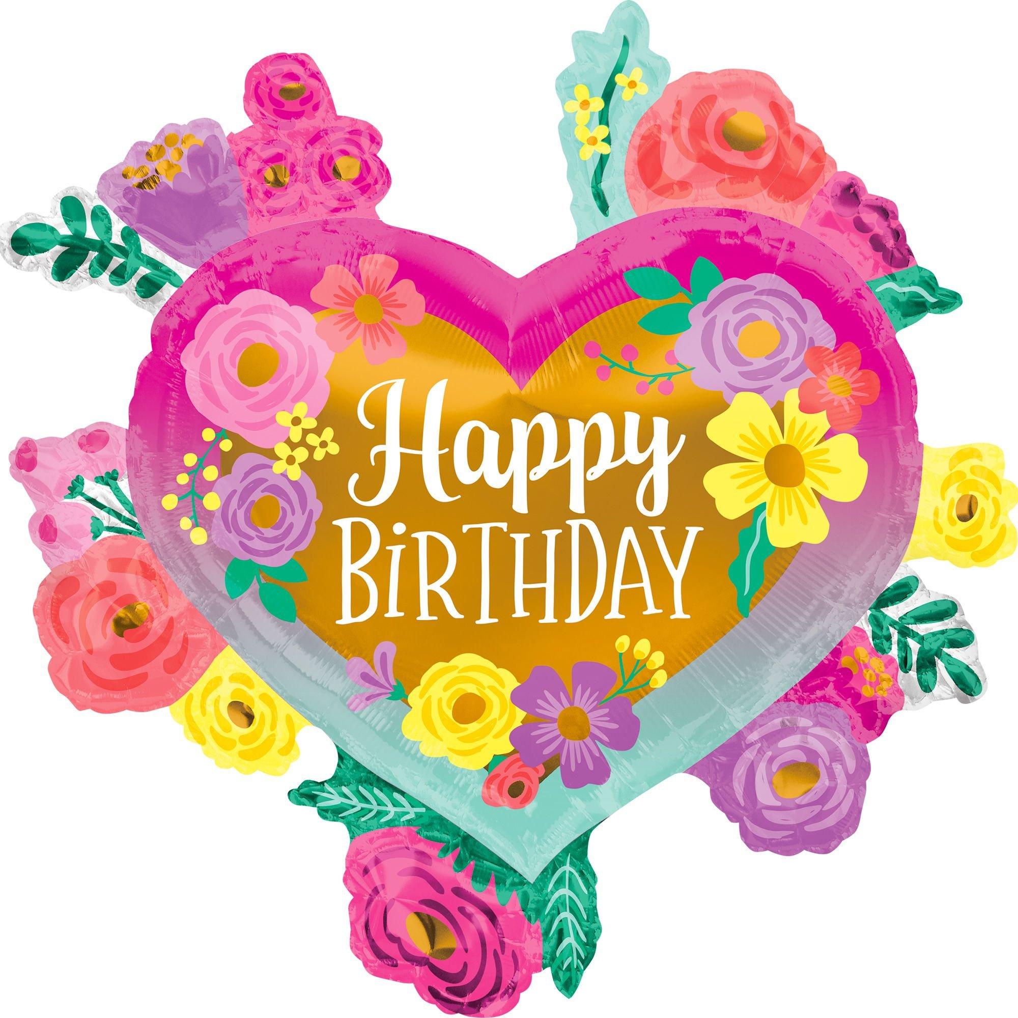 Painted Flowers Happy Birthday Heart Foil Balloon, 27in