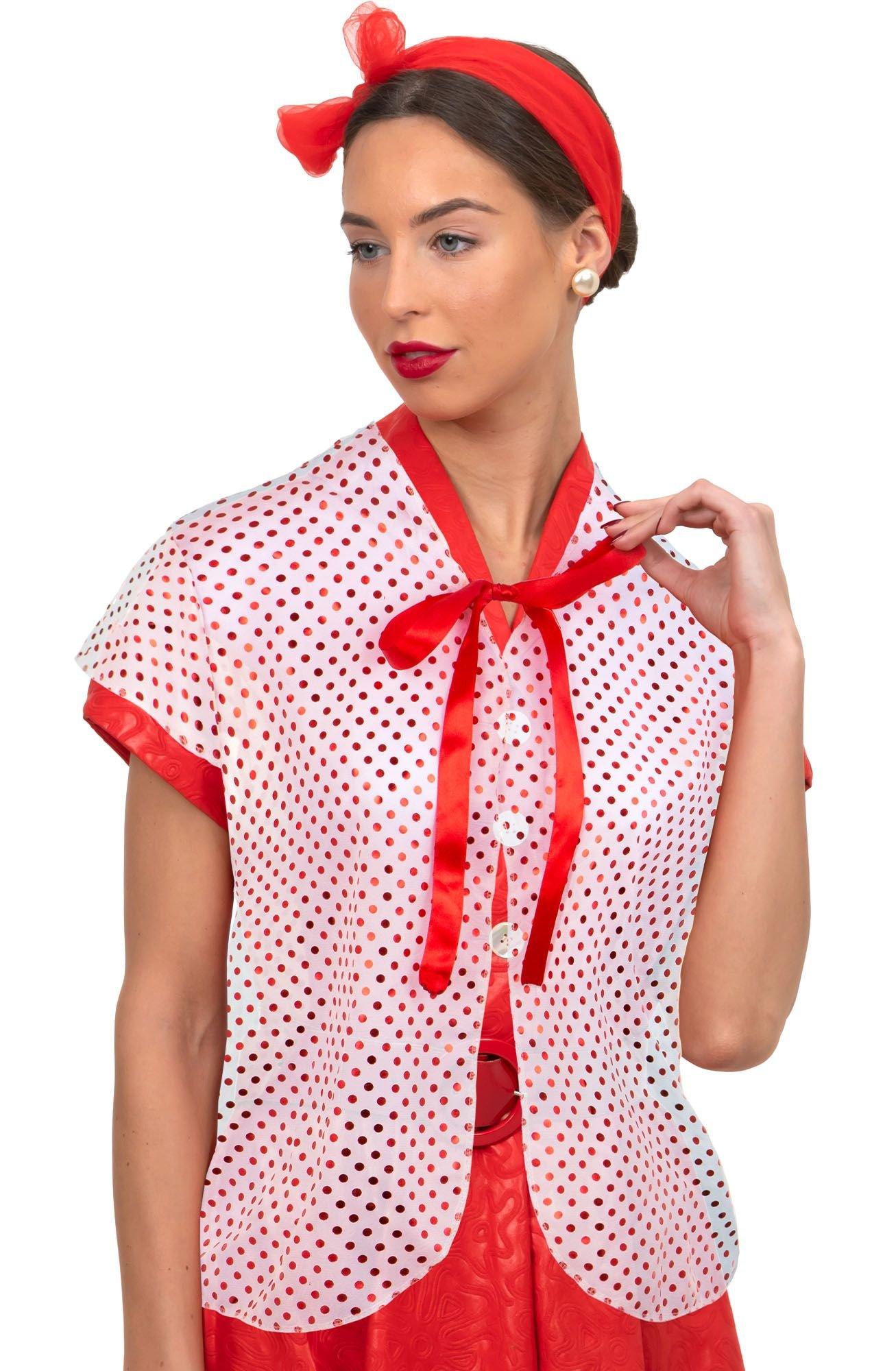 Red and white store polka dot shirt