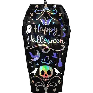 Iridescent Stars & Swirls Happy Halloween Coffin-Shaped Foil Balloon, 15in x 17in