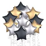 Satin Black, Silver & Gold New Year's Star Foil Balloon Bouquet, 19in, 12pc