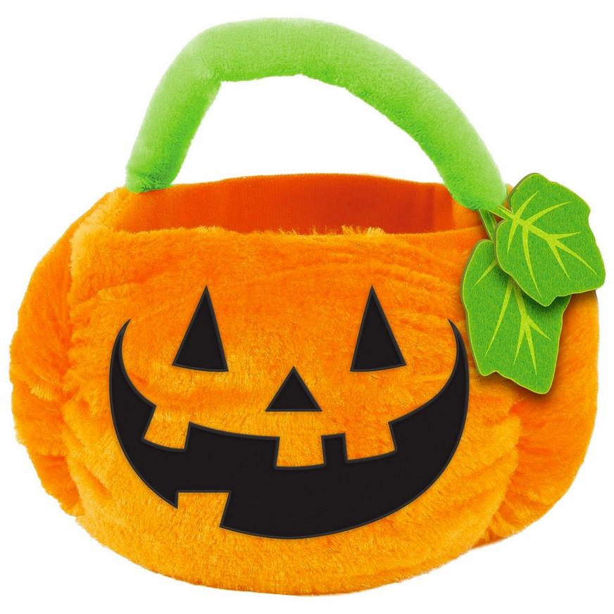 Plush Jack-o'-Lantern Pumpkin Fabric Trick-or-Treat Bucket, 10in x 7in