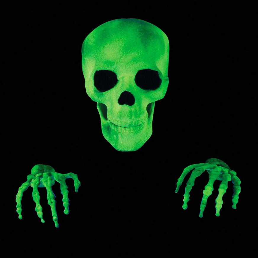 Glow-in-the-Dark Skull & Skeleton Hands Plastic Decoration, 9in x 13.5in