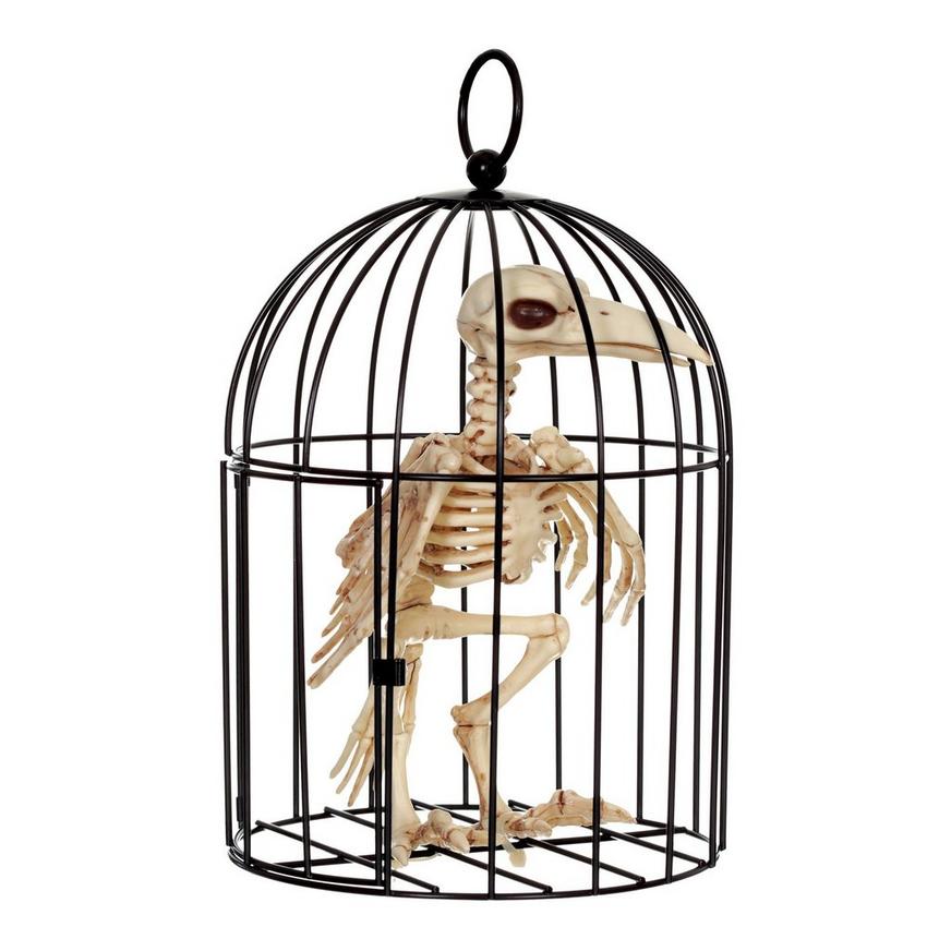 Crow Skeleton in Metal Cage Decoration, 6.75in x 9.75in