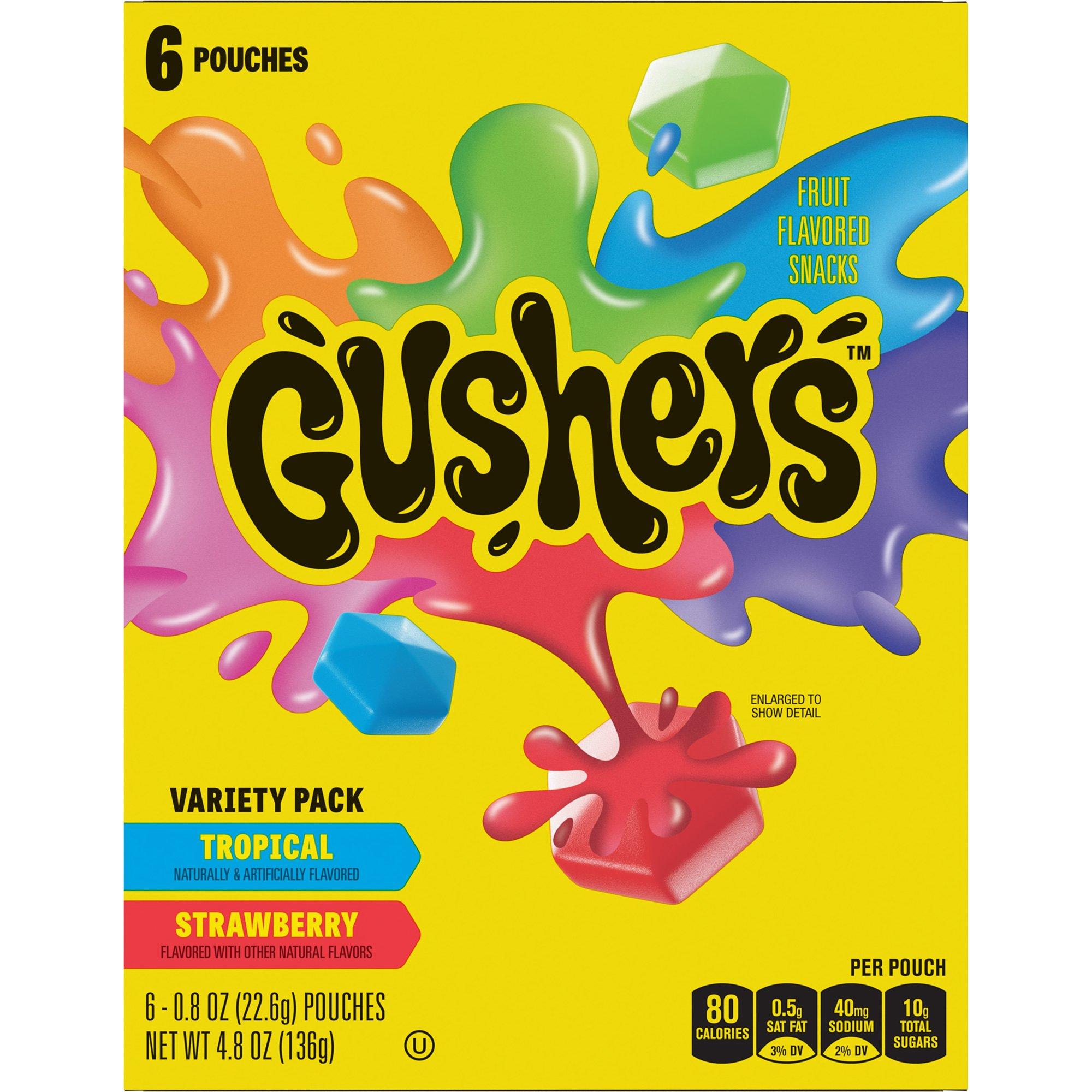 Gushers Fruit Flavored Snacks Variety Pack, 6 Pouches - Strawberry & Tropical Flavors