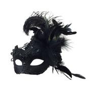 Black Venetian Lace Masquerade Mask with Feathers