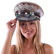 Silver Sequin Captain Hat with Spike Stud Kaleidoscope Goggles