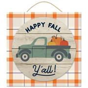 Plaid Happy Fall Y'all Pumpkin Truck Wood Sign, 13.4in x 13.4in