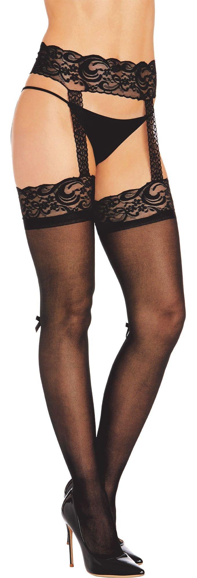 Black Sheer Pantyhose for Adults with Lace Suspender Garter