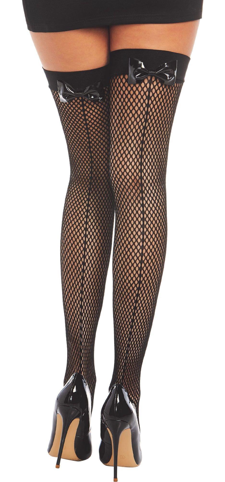 Plus Size Diamond Net Fishnet Thigh High Stockings, Black with Back Seam  and Vinyl Bow
