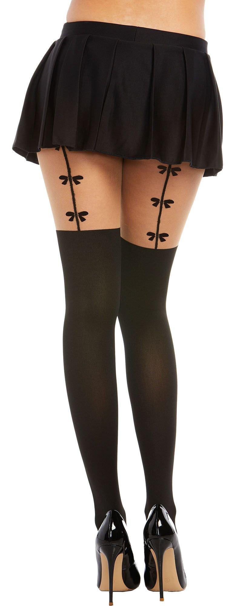 Black Opaque Pantyhose for Adults with Bow Garter