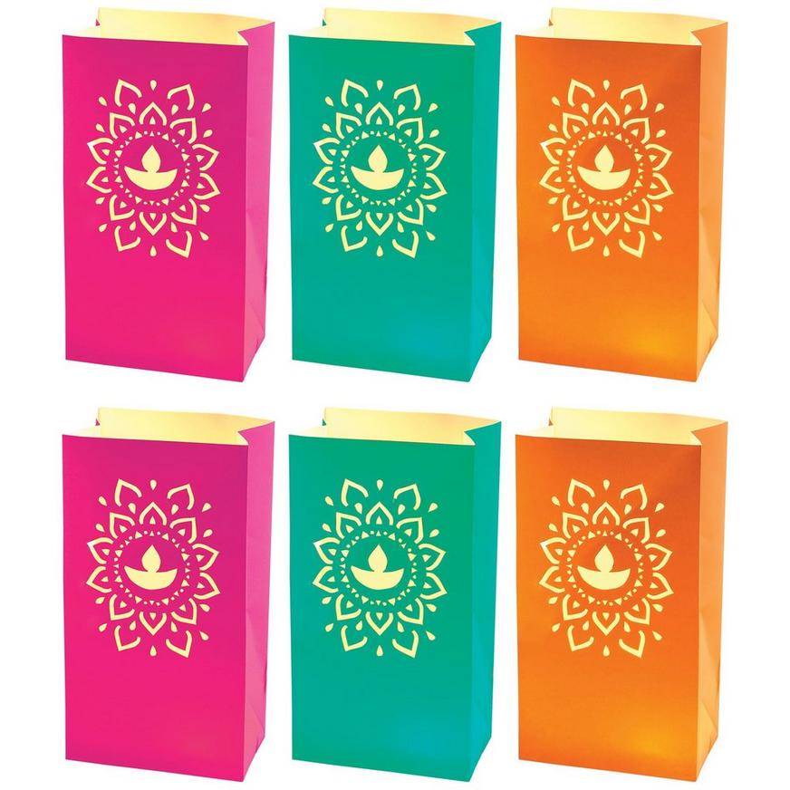 Multicolor Diwali Rangoli Paper Luminary Bags, 6in x 11in, 6ct