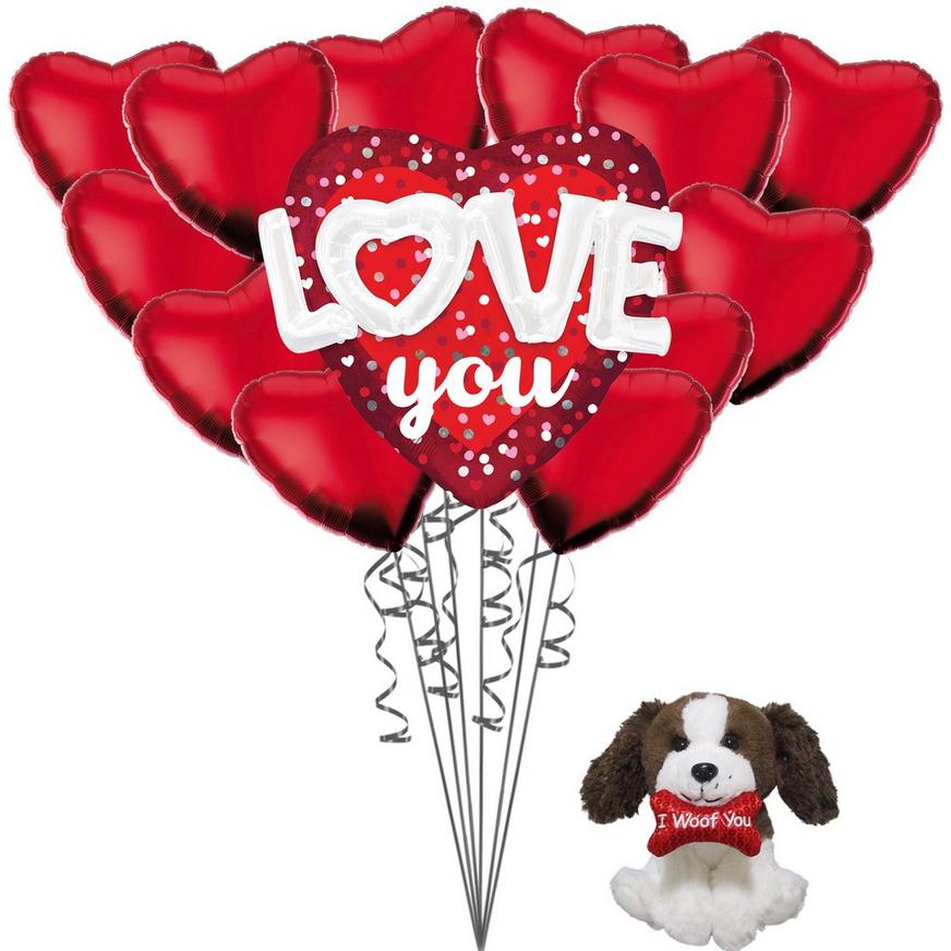 Happy Valentine's Day Heart Balloon Bouquet & Puppy Plush Gift Kit