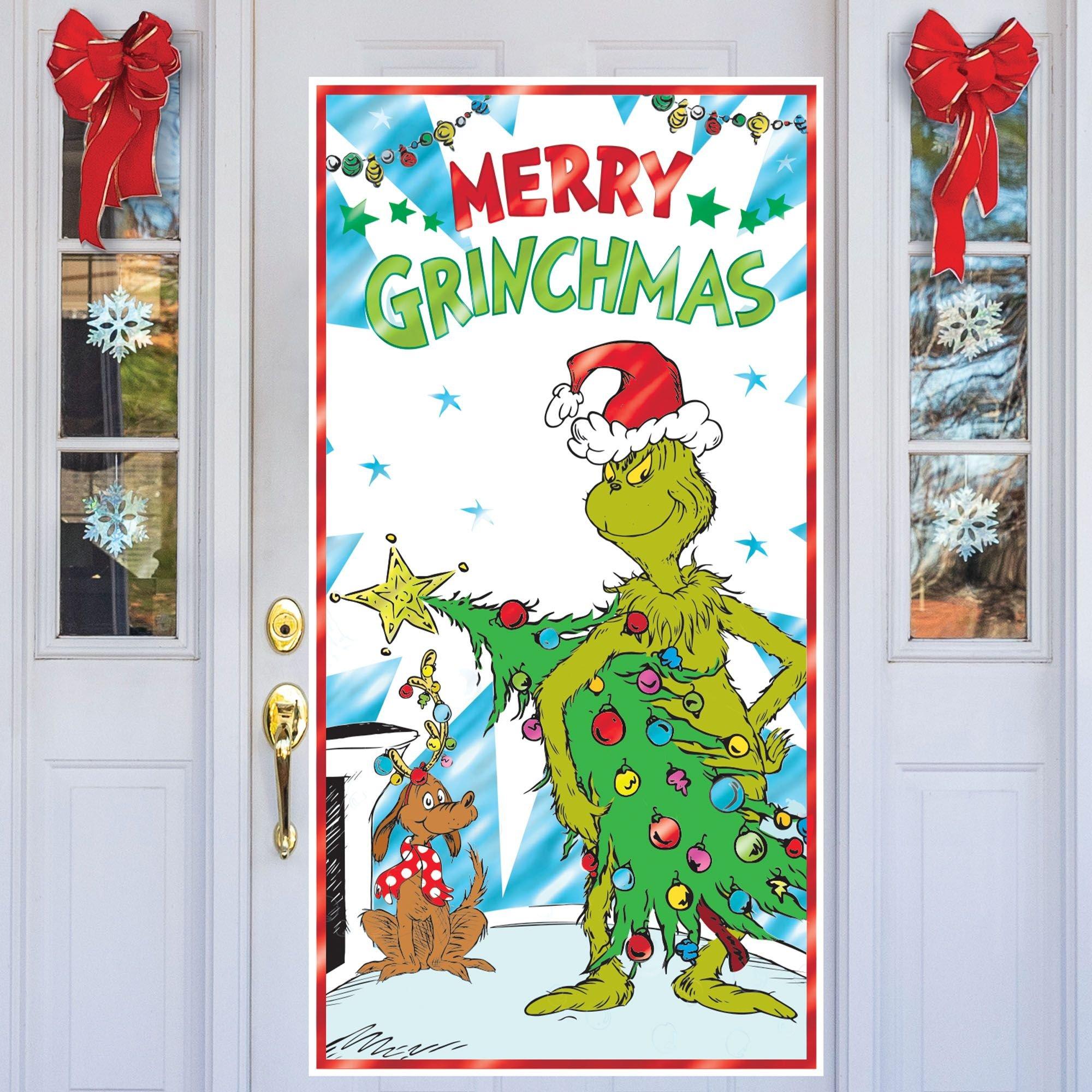 Merry Grinchmas Plastic Door Cover, 2.8ft x 5.4ft Dr. Seuss Party City