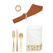 Gold & White Thanksgiving Rolled Cutlery Kit for 24 Guests