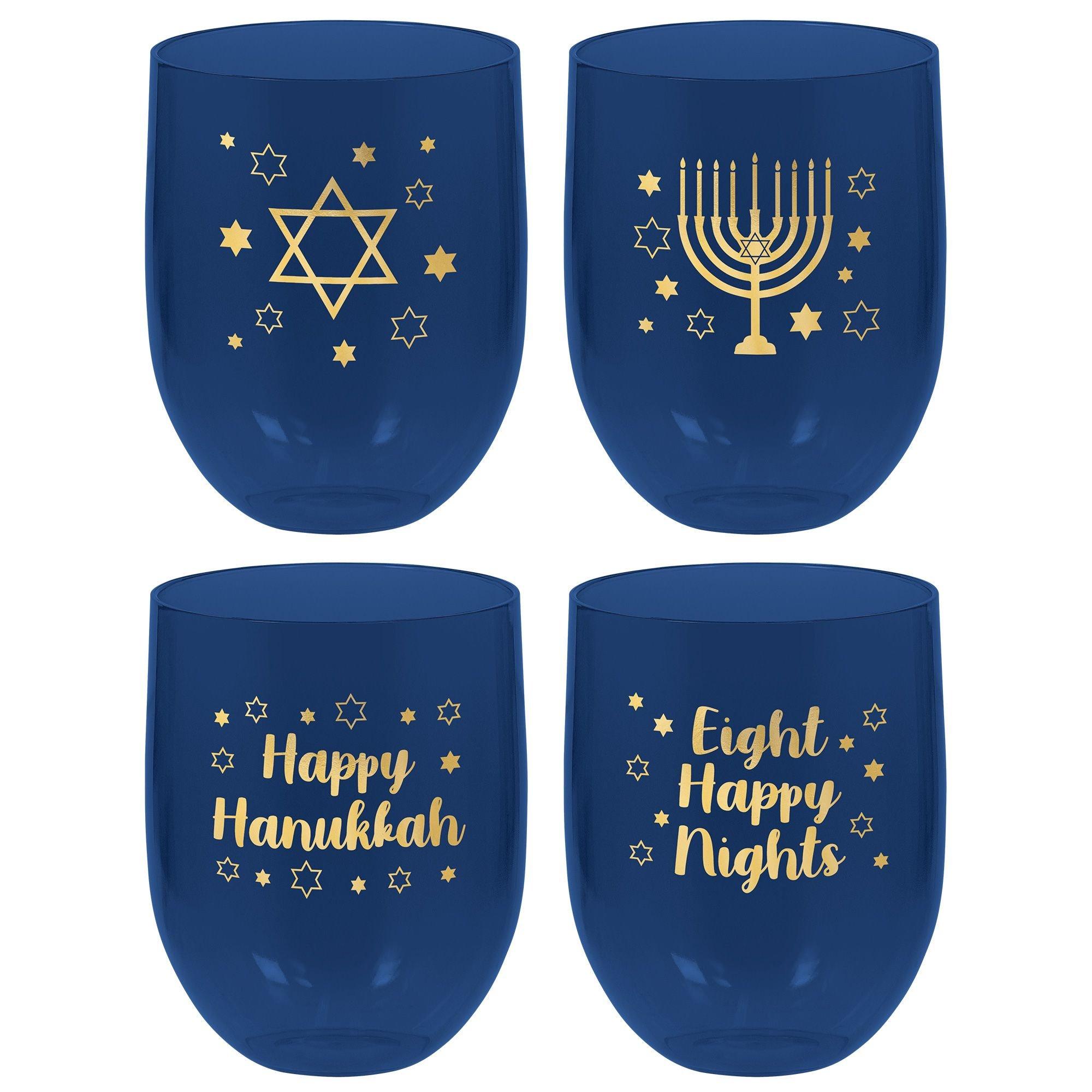 Hanukkah Joy Stemless Plastic Wine Glasses, 15.2oz, 4ct