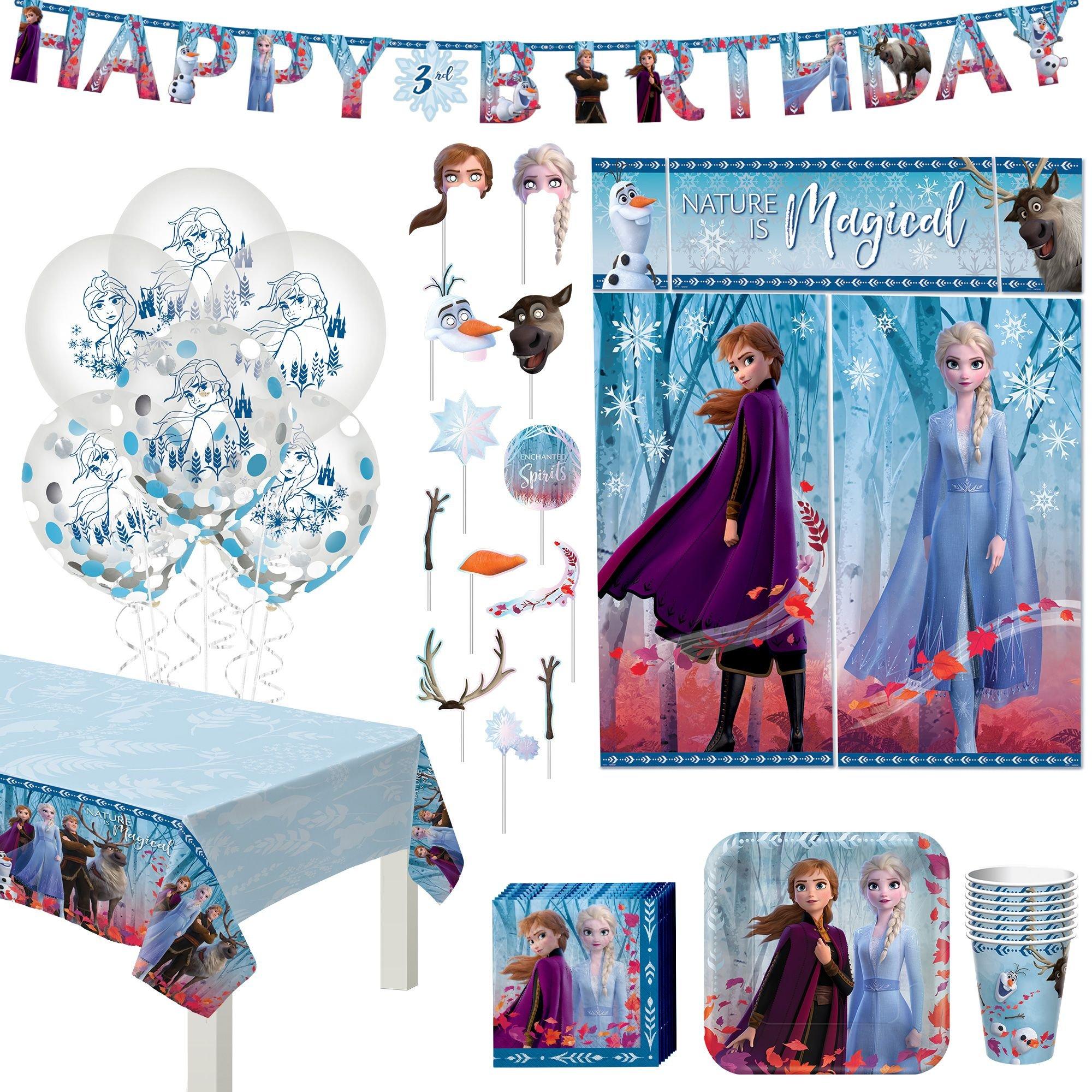 Frozen 2 Birthday Party Supplies Pack for 8 Guests - Kit Includes Plates, Napkins, Cups, Table Cover, Banner, Latex Confetti Balloons, Scene Setter & Photo Booth Props